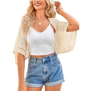 BB&KK Women's Crochet Shrug Summer Cardigans Hollow-Out Batwing Sleeve Lightweight Open Front Bolero Sweaters M