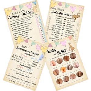 2 x Winnie Baby Shower Decorations, 8 Winnie Baby Shower Games, 60 Pcs (30 guests), Prediction and Advice, Would She Rather, Boobs or Butts,Guess Who Mommy or Daddy (Yellow)