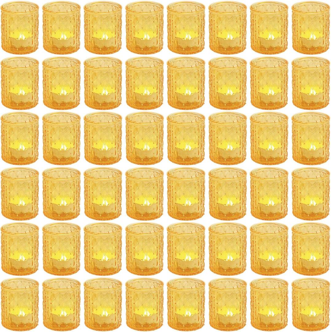 Maxdot 48 Pack Gold Glass Votive Candle Holders 2.1 x 2.6 Inch Easter Tea Light Candleholder Bulk Xmas Glass Tealight Candlestick Holders for Table Centerpiece Fireplace Home Wedding Party Decor
