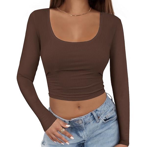 MEROKEETY Women's Long Sleeve Square Neck Crop Top Ribbed Slim Fitted Y2K Casual TShirt Tops,Coffee,S