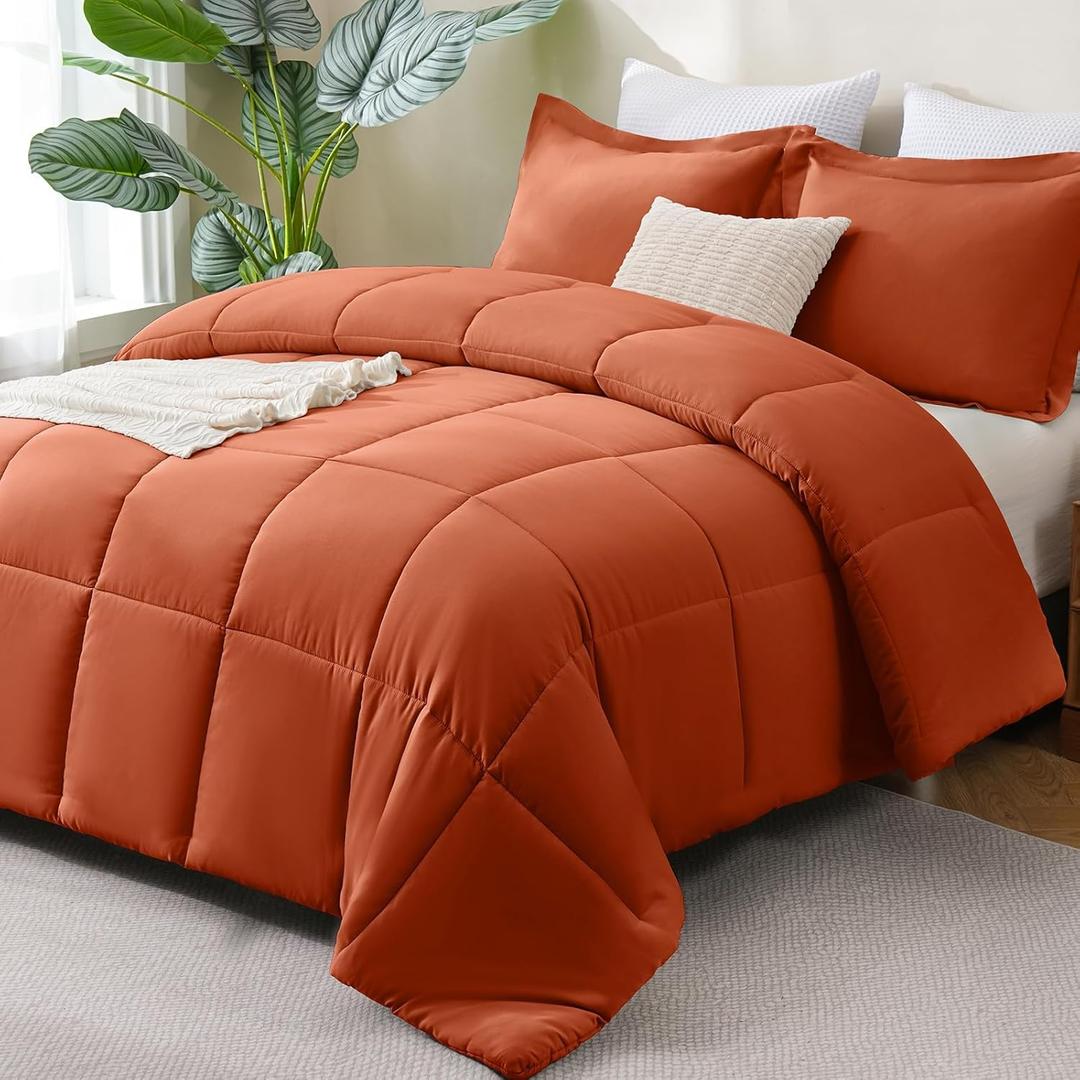 CozyLux Queen Size Comforter Sets Terracotta - 3 Pieces Burnt Orange Box Stitched Queen Bed Set for All Seasons, Soft Lightweight Bedding Sets with 1 Down Alternative Comforter and 2 Pillow Shams