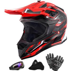 Adult Motocross Dirt Bike Helmet with Goggle, Gloves & Mask - DOT/FMVSS-218 Off-Road Motorcycle & ATV Helmet with Adjustable Sun Visor (XX-Large, Red Black)