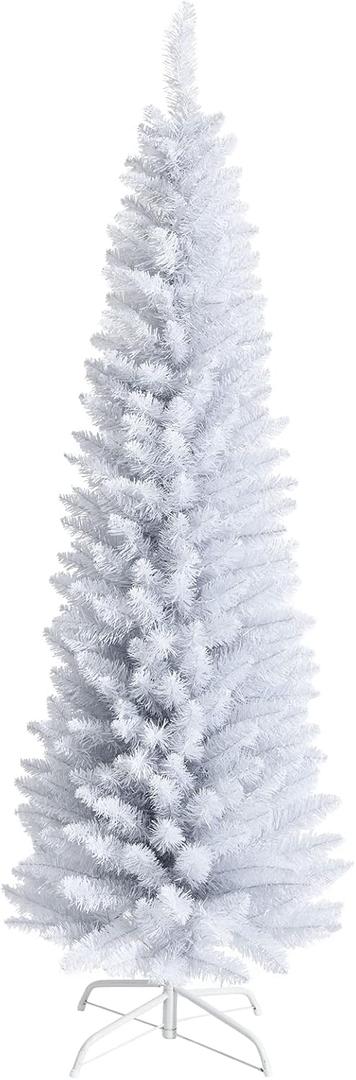 COSTWAY 6 Ft Unlit Snow Flocked Christmas Tree, Artificial Pencil Slim Holiday Tree Decoration with 340 Branch Tips, Metal Stand, Realistic Xmas Tree for Home, Shops, Office, Party, White