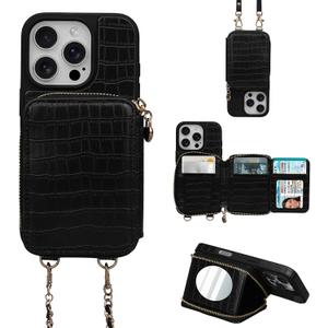 Crossbody Mirror Case Wallet for iPhone 16 Pro with Strap, RFID Blocking Card Holder, Zippered Purse Phone Cover for Women - 6.3", (Black)