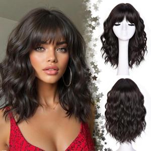 Short Wavy Wig with Bangs for Women Curly Wigs Natural Wavy Synthetic Wigs for Daily Party Cosplay(Dark Brown)