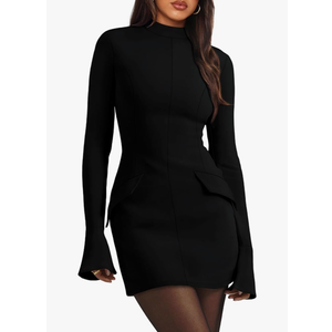 ANRABESS Women's Long Sleeve Mock Neck Sexy Bodycon Mini Dress Dressy Casual Elegant Formal Party Blazer Dresses with Pockets Black, Small