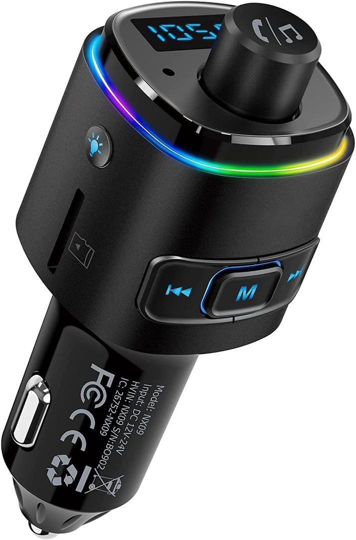 Nulaxy QC3.0 Bluetooth FM Transmitter for Car, Dual USB Charger Bluetooth 5.0 Car Adapter Wireless Radio with 7-Color LED Backlit Light, Hands-Free Calling, Support USB Drive TF Card - NX09