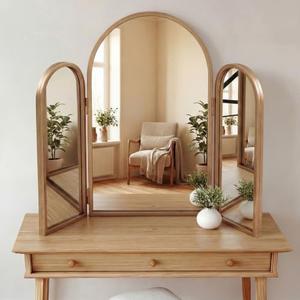 Wonderjune Trifold Vanity Mirrors 3 Way, 30 x 37 in Adjustable Arch Trifold Mirror for Bathroom Bedroom, Decorative Folding 3 Sided Mirror Wall Mounted for Braiding Hair Makeup(Vintage Gold)