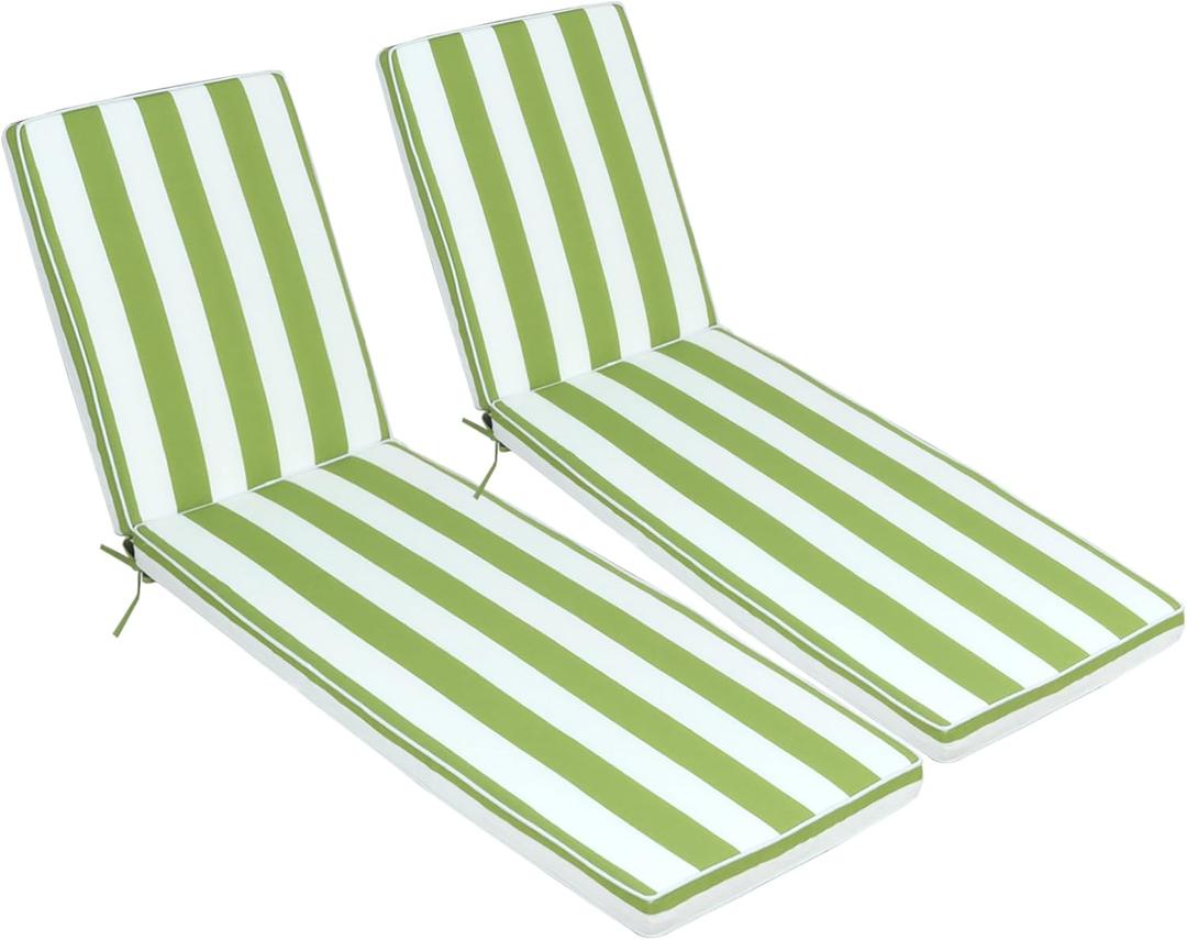 Chaise Lounge Cushions Outdoor, Waterproof & Fade-Resistant Lounger Cushions for Patio Furniture, Pool, Lawn - 74'' x 22'' x 3'', Set of 2 (Green White Striped)