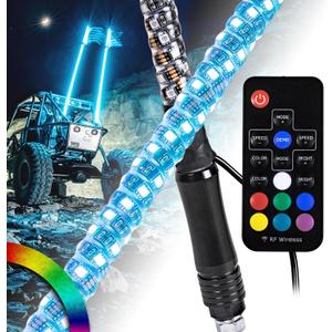 True Mods 2pc 4ft Spiral RGB LED Whip Light for UTV ATV [RF Wireless Remote] Flag Waterproof LED Lighted Whip CB Antenna Pole Stick for RZR Can-Am Polaris SxS 4x4 Quad Dune Buggy 4 Wheeler Accessories