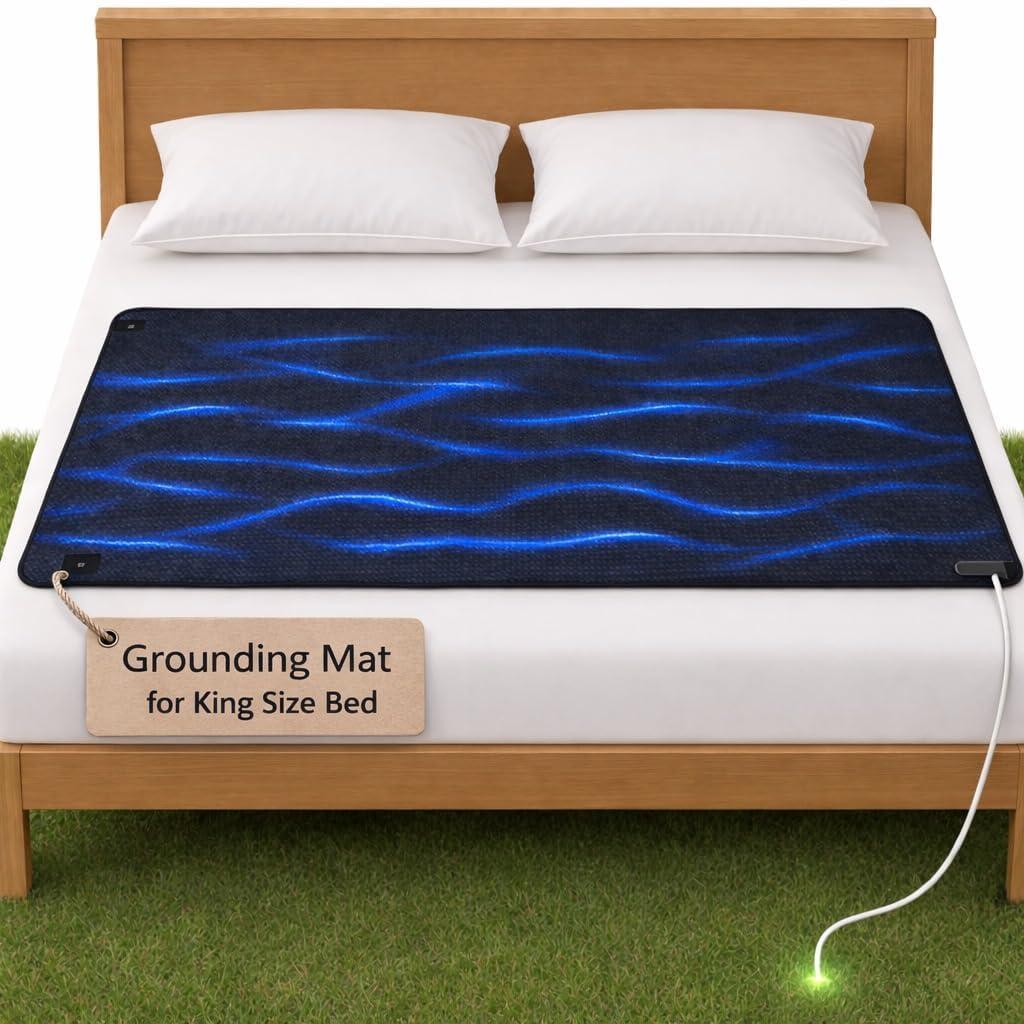 King Size Grounding Mat for Bed & Home Use - Earthing Pad Improves Sleep, Relieve Stress & Pain - Made of Anti-Slip & PU Leather with Grounding Wire & Conductivity Test Pen