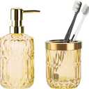 Glass Bathroom Accessories Set, 2PCS Clear Glass Bathroom Accessory, Toothbrush Holder and Soap Dispenser Set for Modern Bathroom Decor(Clear Gold)