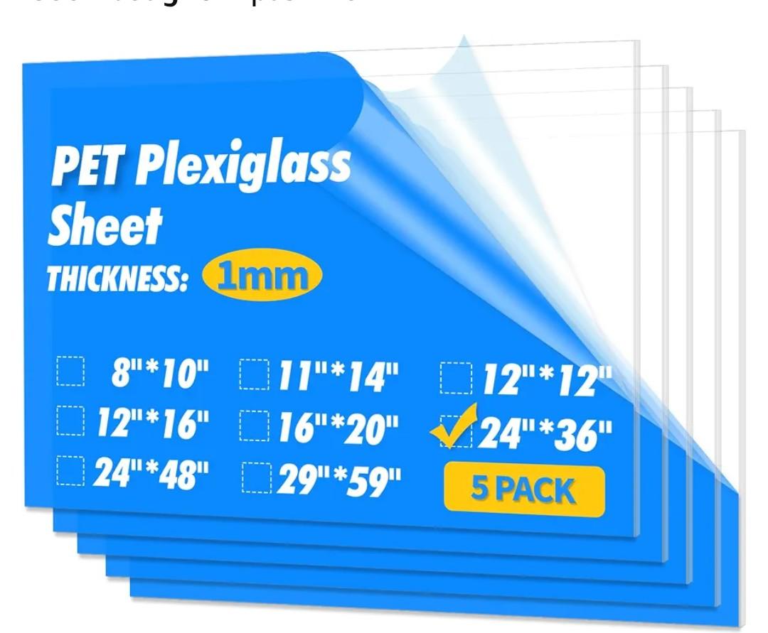 Art3d Plexiglass Sheets, Clear & Flexible, 5-Pack of 24 x 36"Transparent PET, 1/16 inch Thick, Plexiglass Cut to Size, Plastic Sheets for Craft, Picture Frames, Windows and DIY Displays