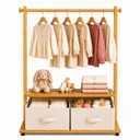 BAMBOOHOMIE Kids Clothing Rack with 2 Storage Bins, Bamboo Toddler Dress Up Rack with Adjustable Rods & Bottom Shelves, Baby Clothes Garment Rack for Nursery Bedroom Playroom (Natural)