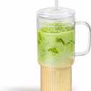 32oz Glass Cups with Handle Lids and Straws, Borosilicate Glass Tumblers for Iced Coffee, Smoothies, Fruit Drinks. Reuseable Glasses Cups for Cold/Hot Water (glass lid 1 pack)