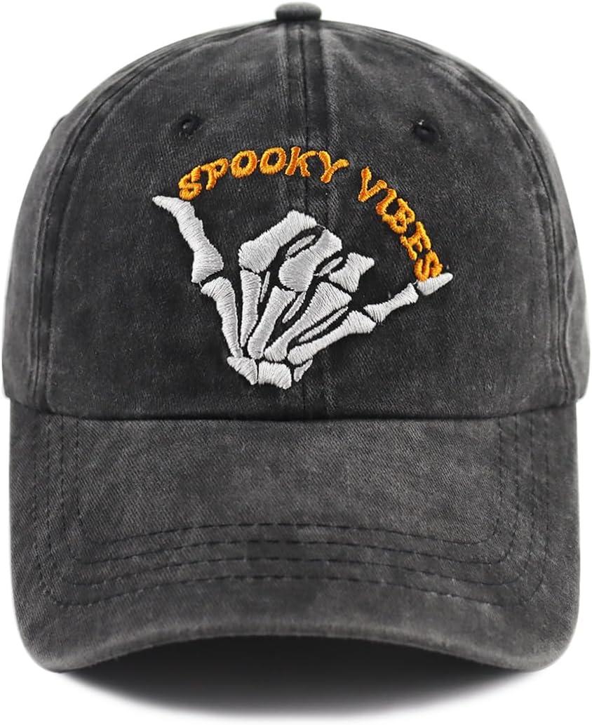 Funny Halloween Spooky Vibes Hats, Adjustable Embroidery Cotton Skeleton Hand Vintage Baseball Cap for Men Women (One Size, Black)