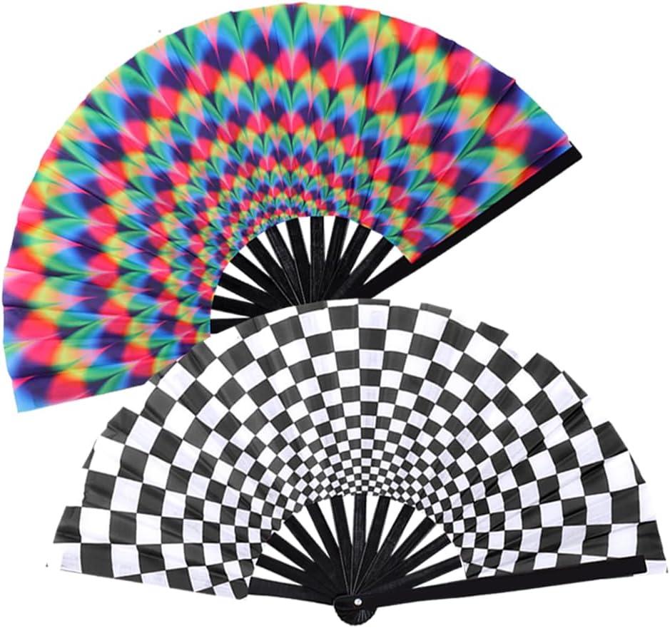 2 PCS Large Folding Fan Bamboo Folding Hand Fan, Rave Fan Clack Folding Hand Fan Chinese/Japanese Nylon-Cloth Folding Fan for Festival, Dance, Performance, Party, Gift, Decoration(Type A)