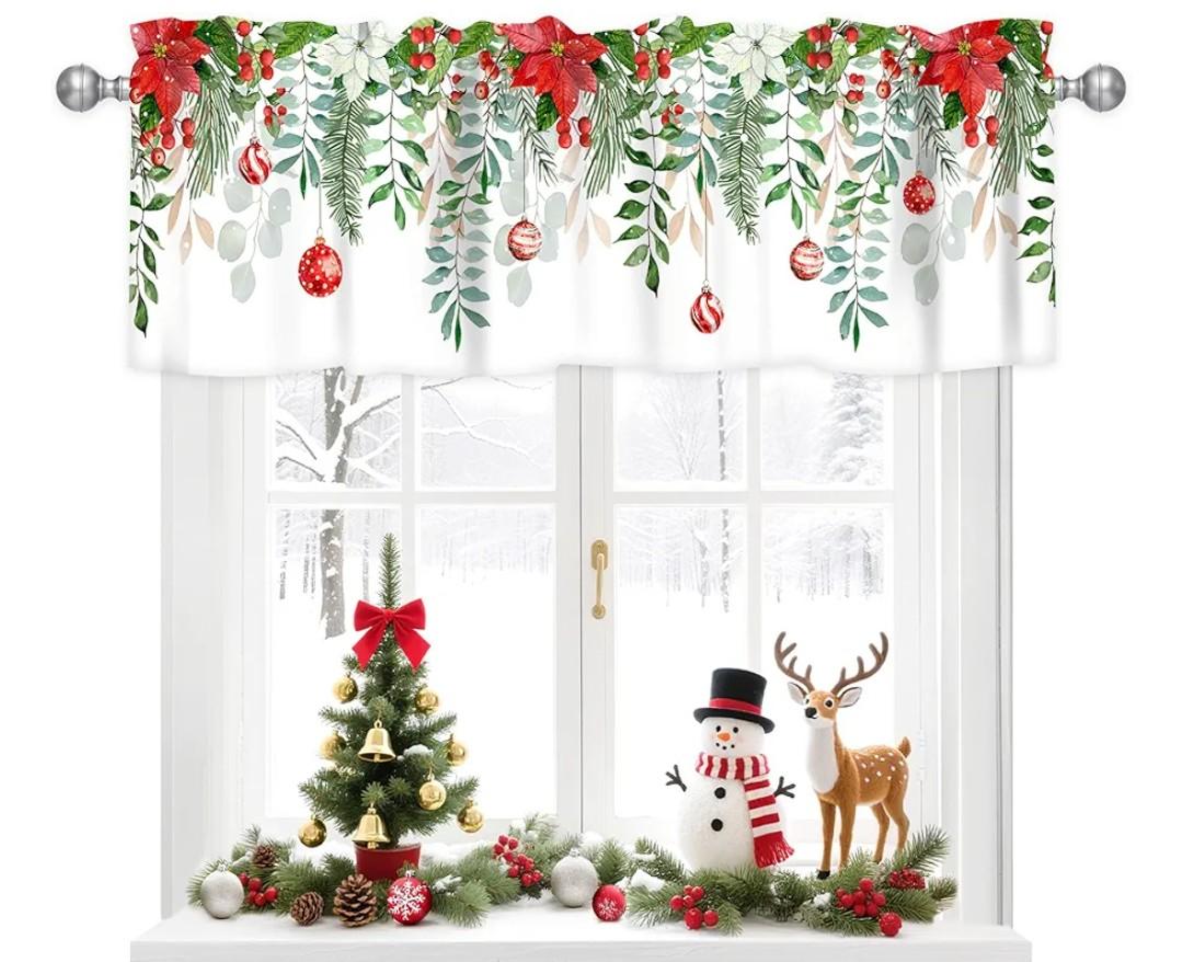 AYTTBIS Christmas Green Leaves Curtain Valance for Windows Poinsettia Flower Balls Rod Pocket Window Treatments 1 Panel Short Curtains for Kitchen Windows Bathroom Bedroom,54 x 18 Inch