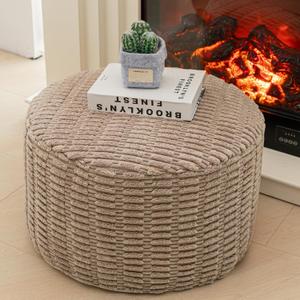 Asuprui Pouf Ottoman Stuffed Round Modern Foam Filled Ottoman Foot Rest Poufs for Living Room Chair Decorative Boho Foot Stool for Wedding Christmas Party (Light Brown)