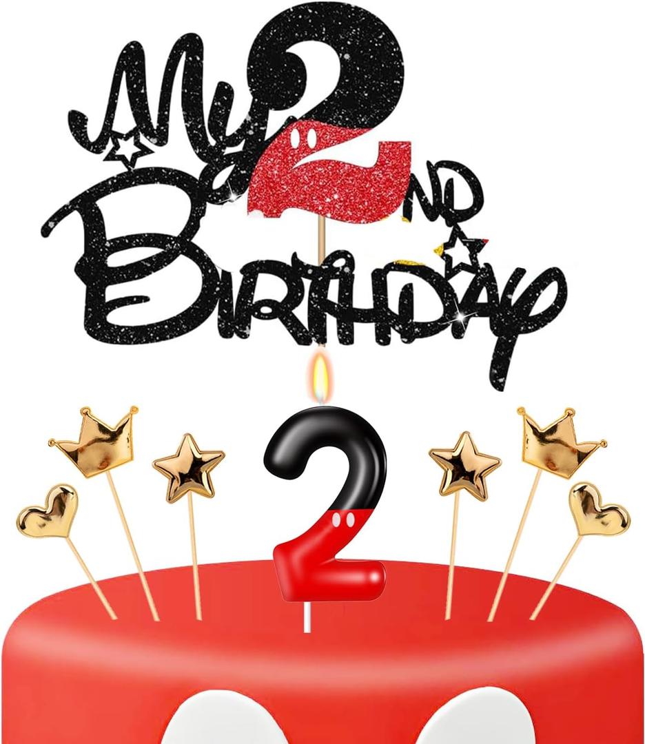 2nd Birthday Cake Decorations, Two Years Old Birthday Numeral 2 Cake Candles and Glitter Cartoon Black Red Cake Toppers Set for Birthday Party Supplies (Number 2, Red)
