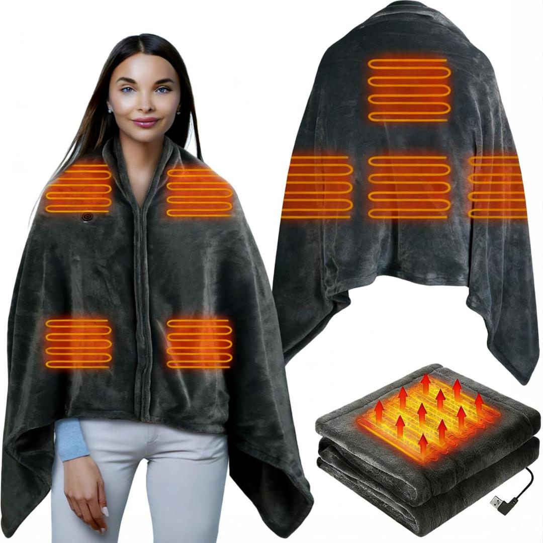 USB Heated Blanket Electric Throw, 59" x 31" Electric Heated Shawl Poncho Wrap Blanket with Zipper, Soft Cozy Flannel Gift Wearable Blanket for Car Office Home Travel, Standard (Black)