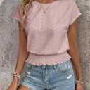 Elastic Waist Eyelet Tops for Women Summer Smocked Crewneck Short Sleeve Tee Crop Casual Plain T Shirts for Vocation Work (Pink, L)