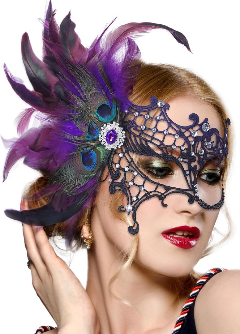 Halloween Masquerade Masks for Women - 2026 Peacock Feather Lace Mask 1920s Venetian Eyemask for Party (Black Purple)