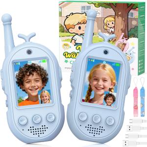 Video Walkie Talkies for Kids- Blue 2 Pack, Kids Walkies Talkies with Voice Changer & Sticker Effect, Rechargeable Long RangeIndoor Toys for Outdoor Camping, Hiking, Birthday Gift for Boys Girls Ages 3-12