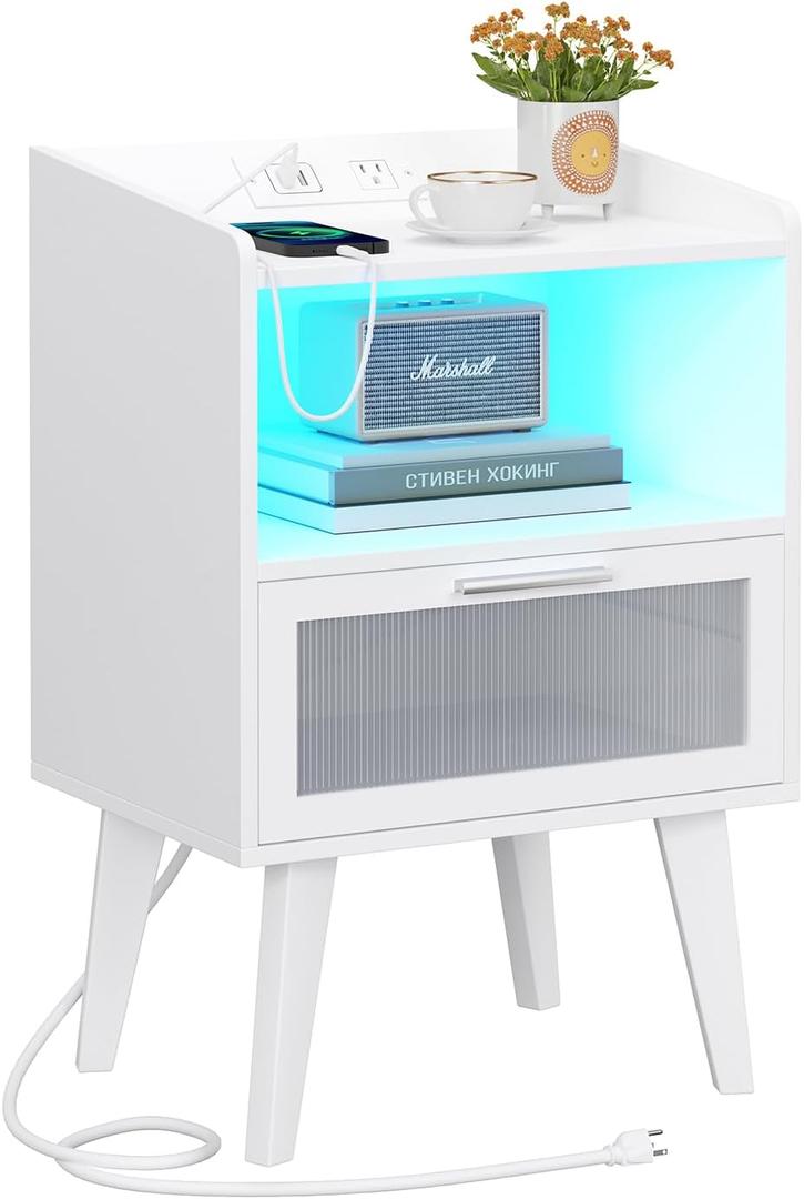 Nightstand with Ajustable LED and Desighed Drawer for Bedroom, End Table with Charging Station, Side Table with Open Compartment for Living Room, White LNT001W