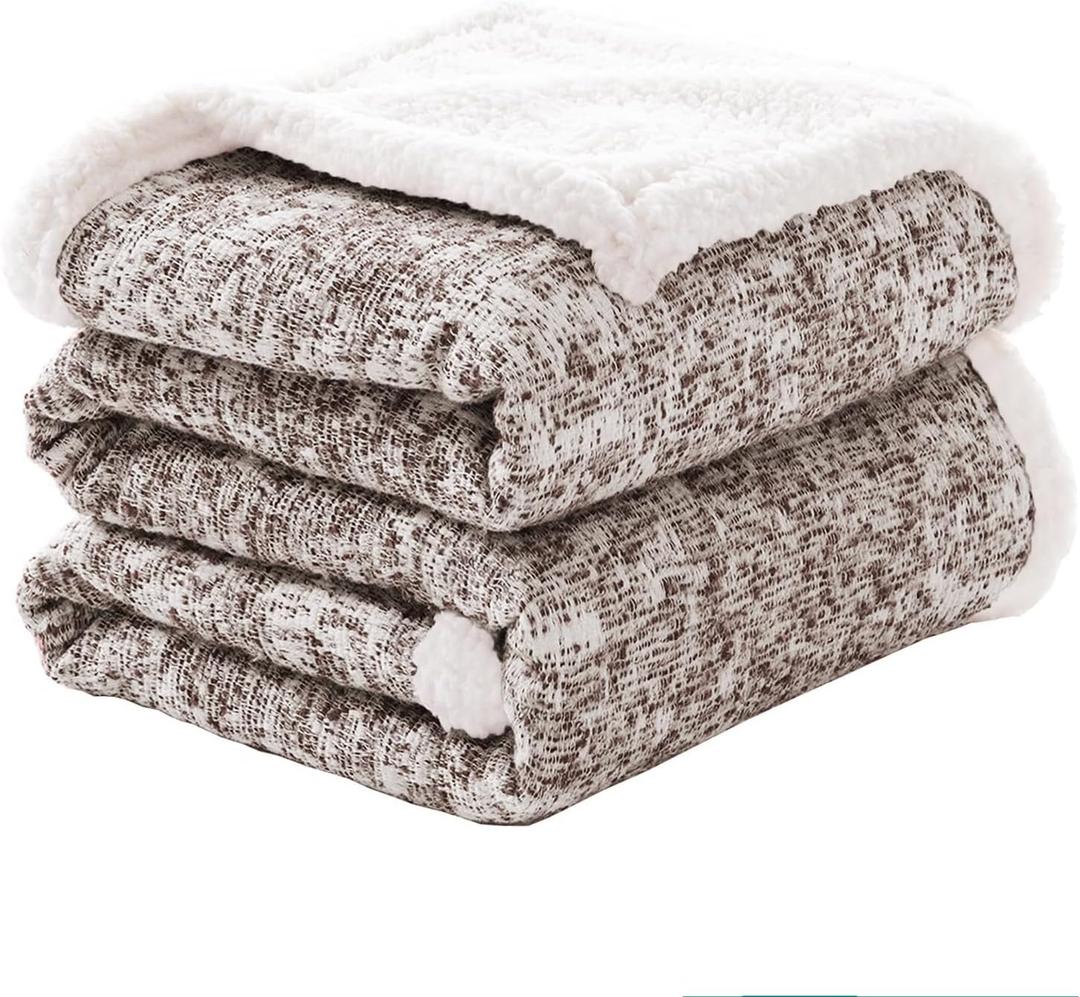 SE SOFTEXLY Throw Blanket, Reversible Sherpa Blanket with 30% Wool and 70% Cotton, Fuzzy Plush Fluffy Soft Blanket, Fall Winter Blanket for Couch Bed Sofa Chair (Coffee, 50" x 60") (50"x60", Coffee)