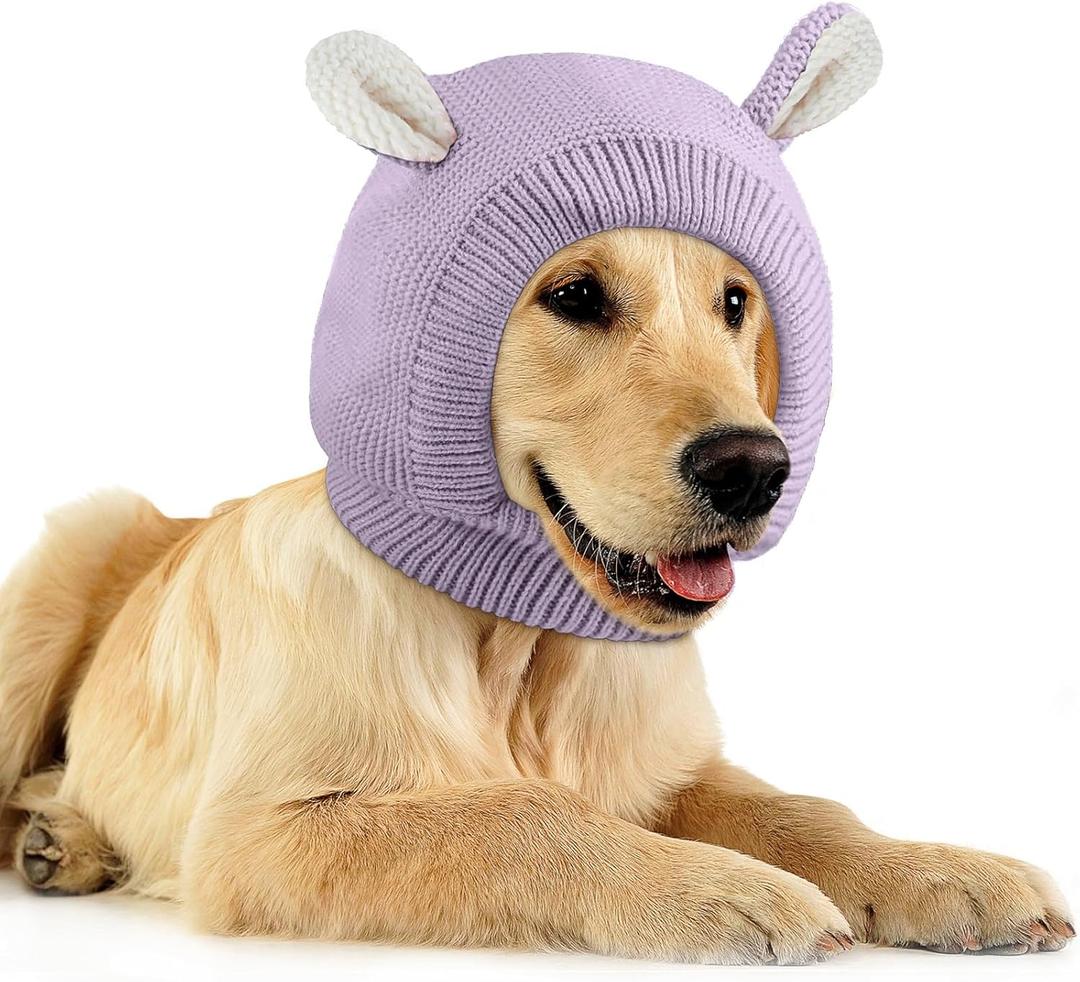 Quiet Ears for Dogs, Neck 14.96 Inch, Dog Ear Muffs Noise Protection Knitted Head Wrap Pet Hats for Medium to Large Pets(Light Purple)
