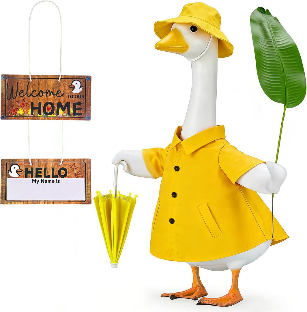 Spring Porch Goose Raincoat Outfits for 23 inch Geese Statue, 5 Pcs Clothes Raincoat Umbrella Hat Personalized Sign Leaf, Garden Outdoor Yard Lawn Patio Decor