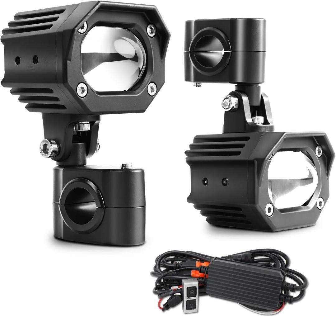 [Strobe] Motorcycle Auxiliary LED Driving Light Kit White+Yellow, Square Amber LED Fog Light for ADV Adventure Touring Off-road Bike ATV UTV 2PCS (Wiring Harness+Heavy Duty Mount Brackets) (MT05-FX)