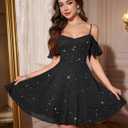 Meetjen Women's Short Prom Dresses for Teens Formal Sparkly Off Shoulder Tulle Sequin Cocktail Party Dress Homecoming (Black, XL)