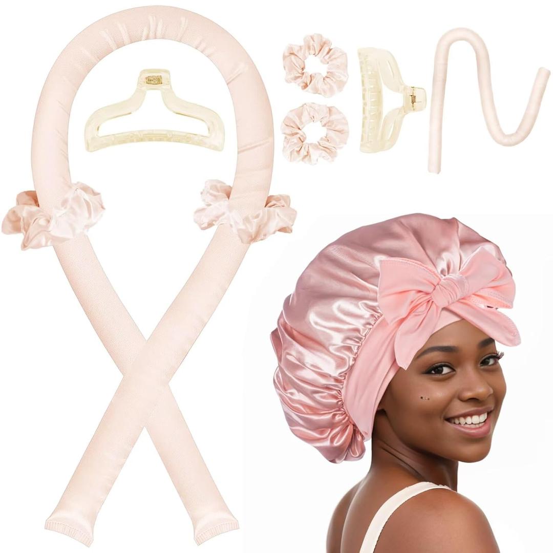 Heatless Hair Curler,Blowout Heatless Curls Overnight,No Heat Curling Rod Set with Satin Bonnet for Sleep in,Cream