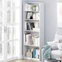 Furinno Jaya Book Shelf, 5-Tier Bookshelf, Bookcase with Adjustable Shelves, 9.5 x 24.5 x 71.2, for Organization and Storage, for Living Room, Bedroom, Home Office, White