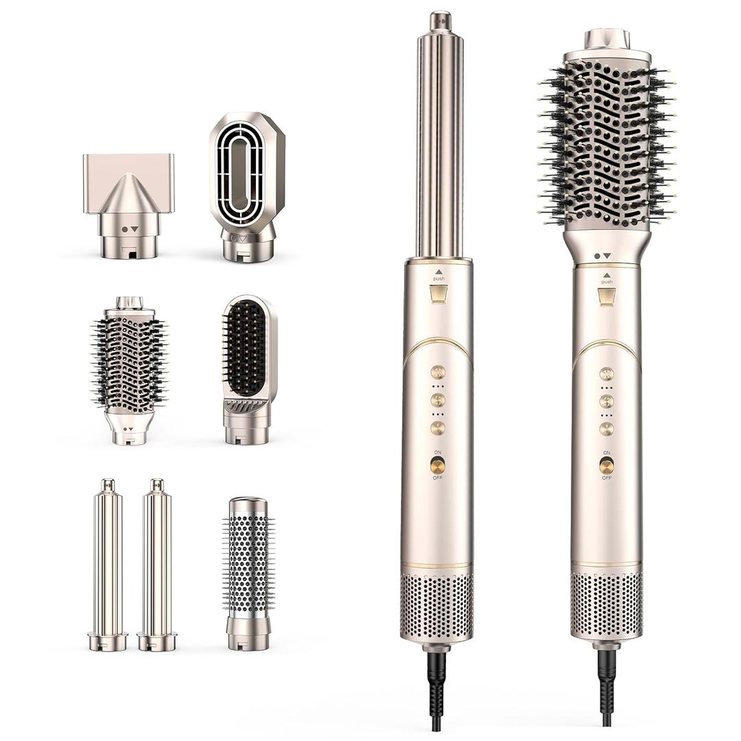 7 in 1 High-Speed Hair Dryer Brush, 110,000 RPM Air Styler for Automatic Air Curling, Negative Ionic Hot Air Brush Set for Fast Drying, Volumizing & Frizz Control, Heat Protection Multi-Styler