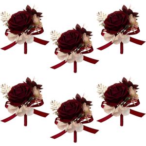 AuroraAria Burgundy Boutonniere for Men,Set of 6,Groom Boutonniere for Wedding,Anniversary,Homecoming,Formal Dinner Party,Wedding Decor,Artificial Red Rose