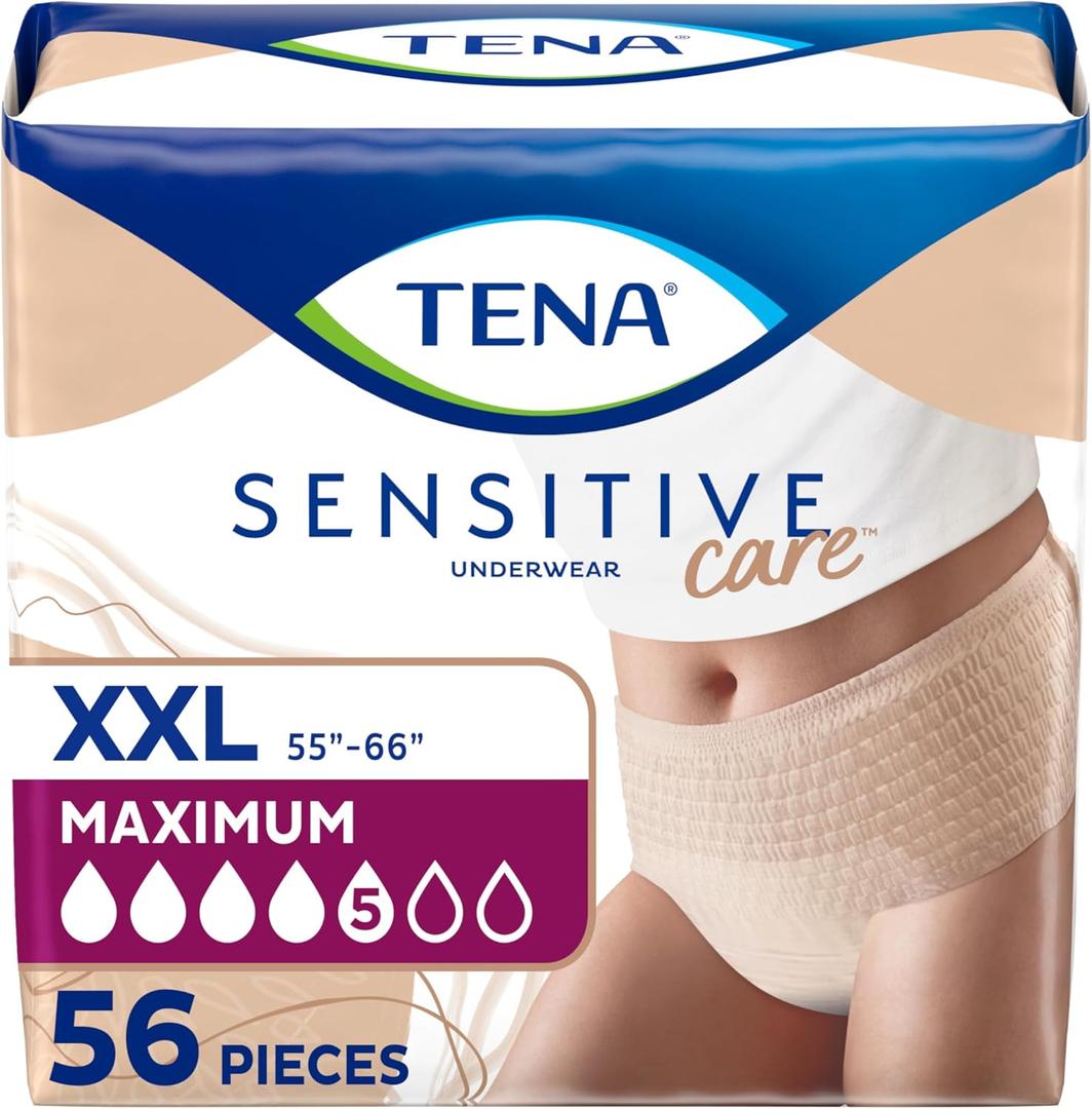 TENA Sensitive Care Adult Incontinence Underwear for Women, Maximum, XXLarge, Beige, Disposable, Count  of 56 (Pack of 4)
