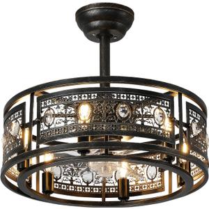 19" Vintage Crystal Caged Ceiling Fan with Light, Victorian Rustic Fandelier, Black Enclosed Ceiling Fan with Remote, Quiet Reversible Low Profile Ceiling Fan for Bedroom Kitchen Dining Room