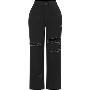 THUNDER STAR Womens High Waisted Wide Leg Jeans Stretchy Distressed Denim Pants (16, Black)