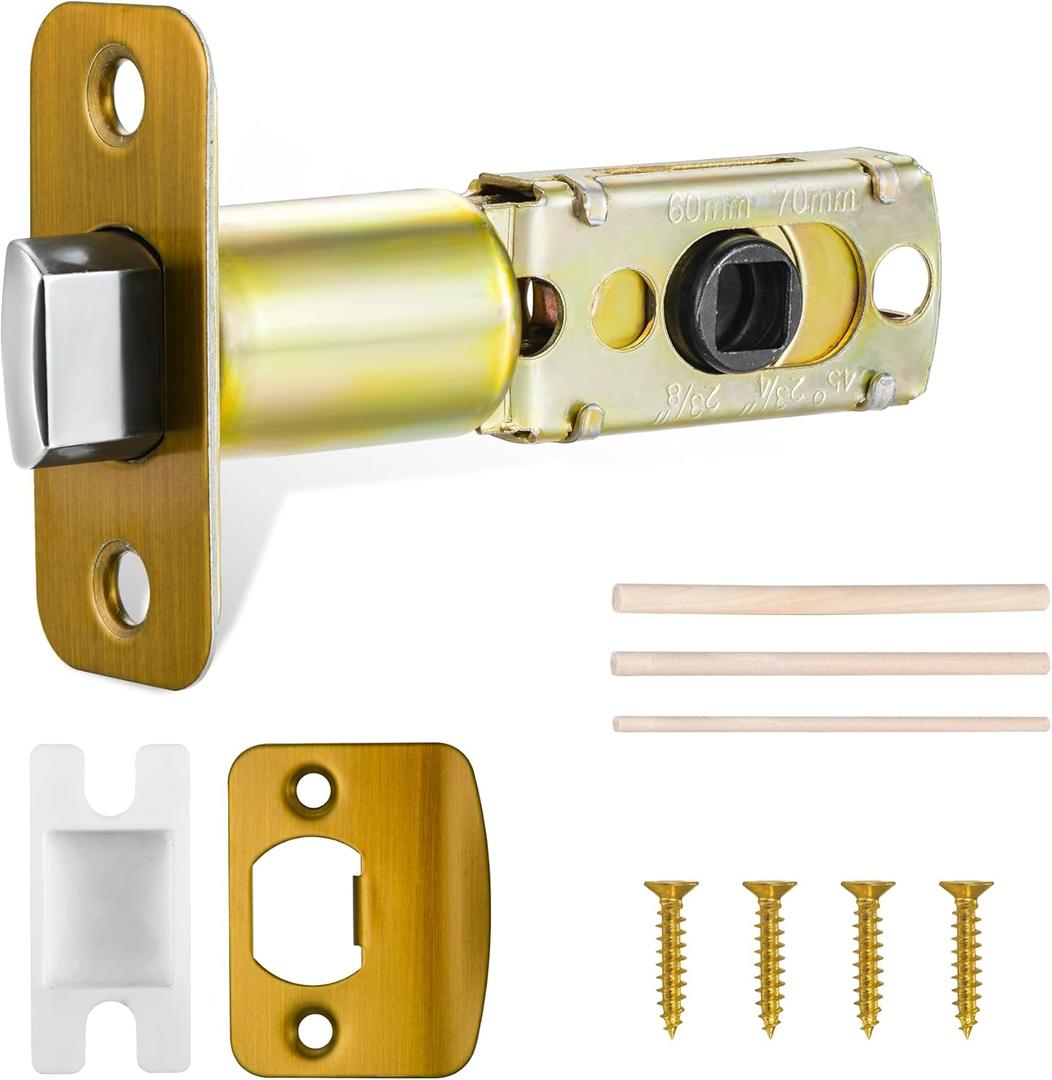 Antique Brass Adjustable Door Latch 60 or 70mm, 45 Turning Angle, Door Lock Replacement Parts with Door Strike Plate, Wood Dowel, Dust-Boxes