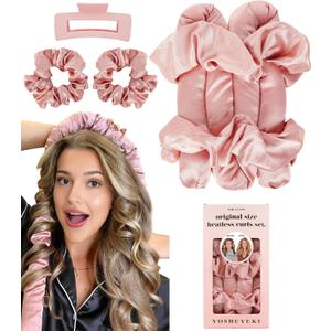 Heatless Curls Overnight Hair Curler to Sleep in Soft Large Jumbo Hair Rollers Flexi Rods for Long Hair Blowout Look Big Curl, No Heat Overnight Curls Satin Heatless Curling Rod Set with Claw Clip, Pink