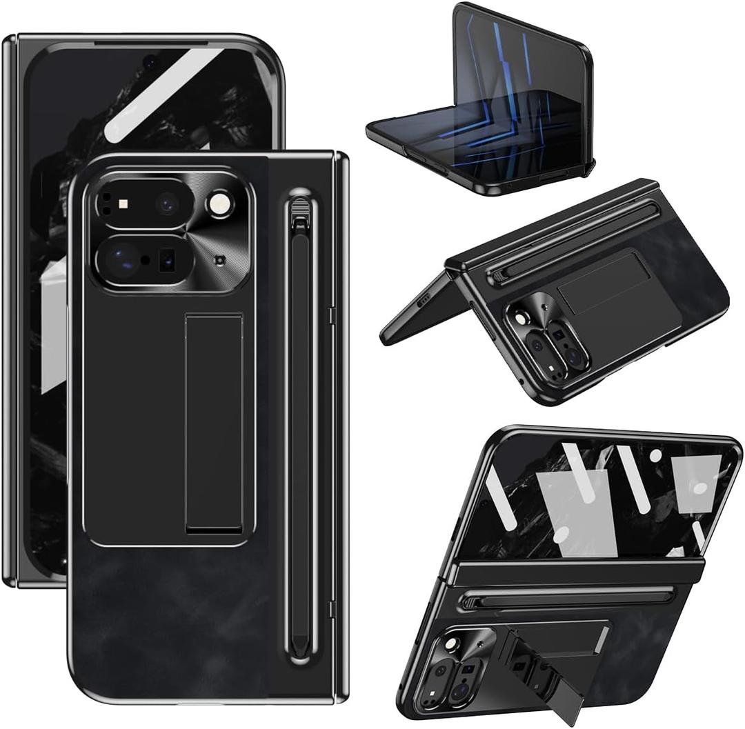 for Google Pixel 9 Pro Fold Case with S Pen Holder & Stylus, PU Leather Case with Hinge Protection, Screen Protector, Kickstand, Protective Cover for Google Pixel 9 Pro Fold Black