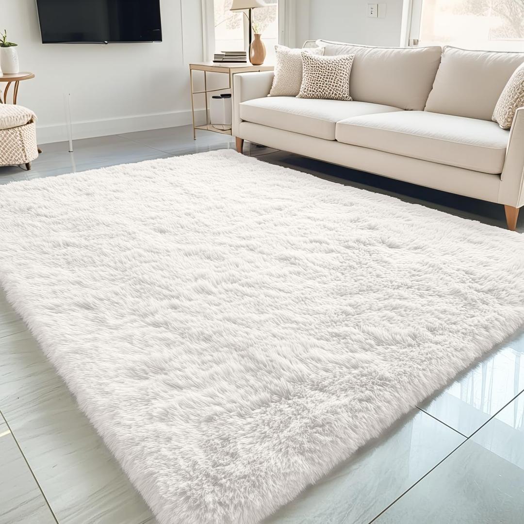 OLANLY 5x7 Machine Washable Large Area Rugs for Living Room, Bedroom, Soft Fluffy Shaggy Bedside Rug, Indoor Floor Carpet for Kids Girls and Boys, Dorms, Nursery, Home Decor Aesthetic, Ivory