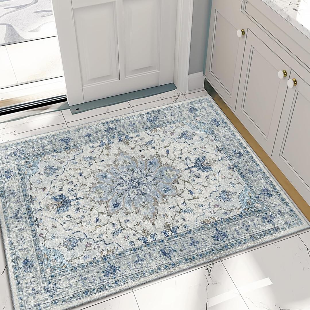 Area Rugs 2'x3' Washable Non-Slip, Floral Vintage Distress Print Pattern Medallion Carpet for Living Room Bedroom Dining Room, Light Blue Navy Beige Gray White