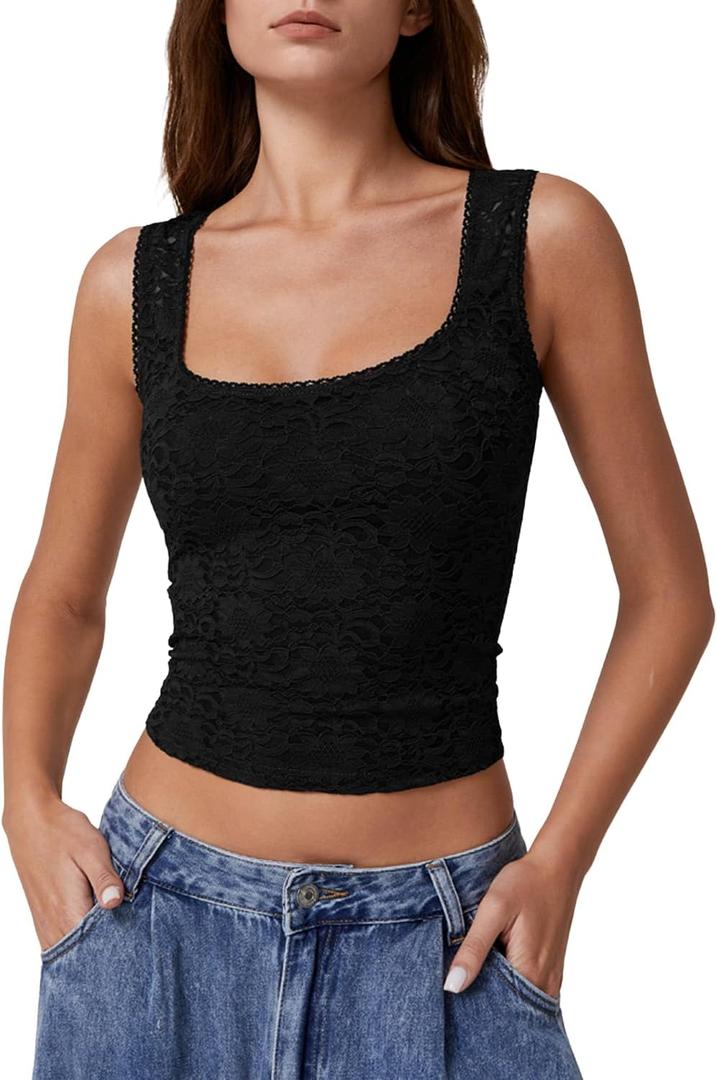 QINSEN Womens Lace Trim Square Neck Sleeveless Tank Tops Double-Layer Slim Fit T Shirt Crop Tops (Small, Black)