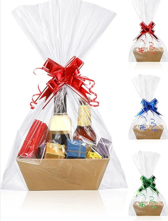Empty Gift Basket Set 5 Pcs Basket for Gifts Empty Kraft Market Tray with Handles, 18 Bags, and 20 Multicolor Bows for Christmas Wedding Birthday(10 x 7 x 3 Inches)