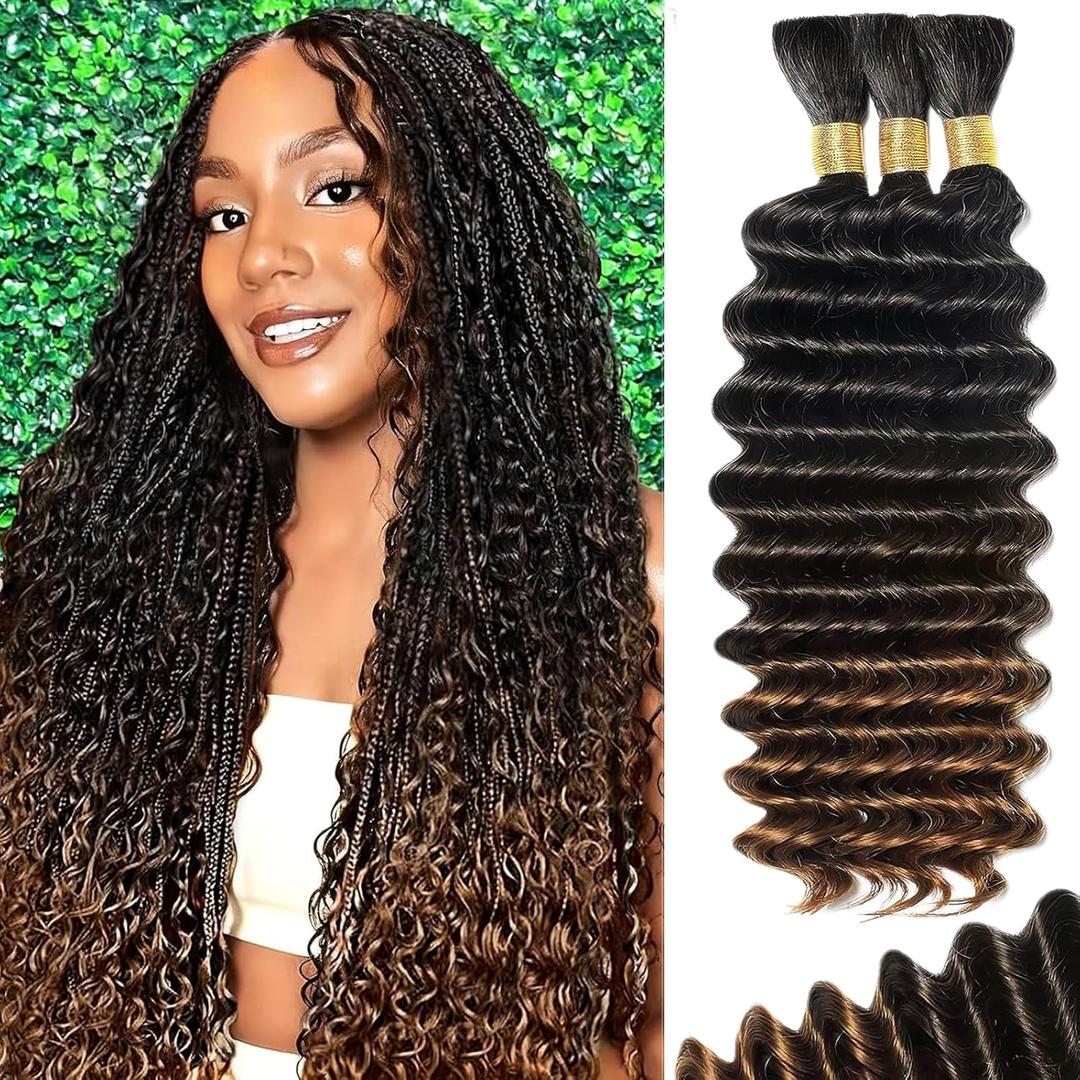 Human Braiding Hair for Boho Braids Human Hair 3 Bundles/Pack 110g 20 Inch Deep Wave Bulk Human Hair for Braiding Curly Knotless 12A Brazilian Virgin Ombre #T1B/30