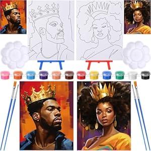 Blosssound 2 Pack Couples Pre Printed Canvas Sets 5" x 7" Valentines Pre Drawn Canvas Painting Kits Paint and Sip Party Supplies for DIY Date Night Painting Kit for Couples(Afro Queen King)